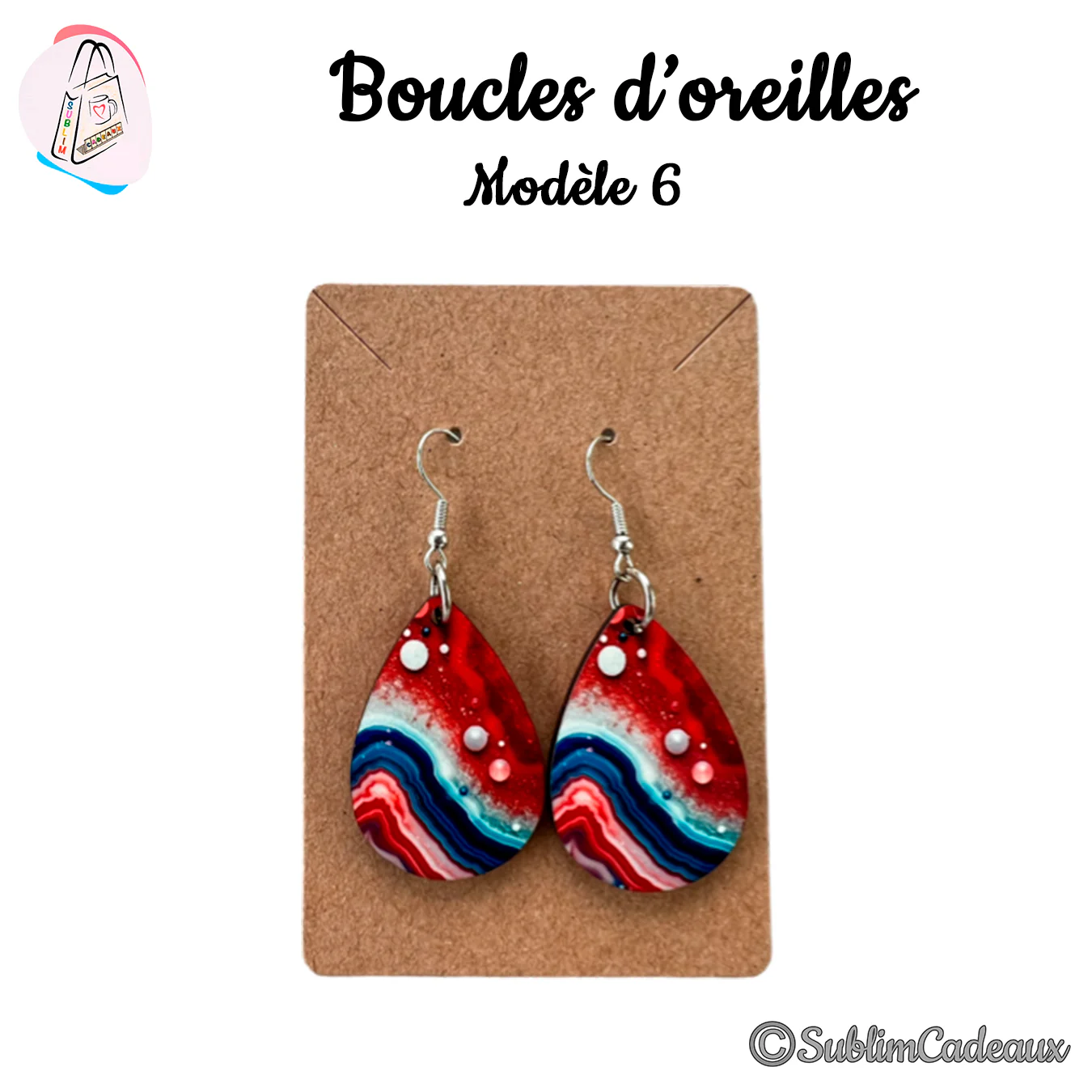 Boucles d'oreilles goutte, motif marbré rouge, blanc et bleu imprimé parsemé de points, crochets argentés