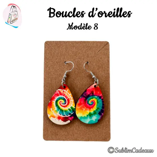 Boucles d'oreilles goutte à spirale multicolore façon tie and dye imprimée, crochets argentés