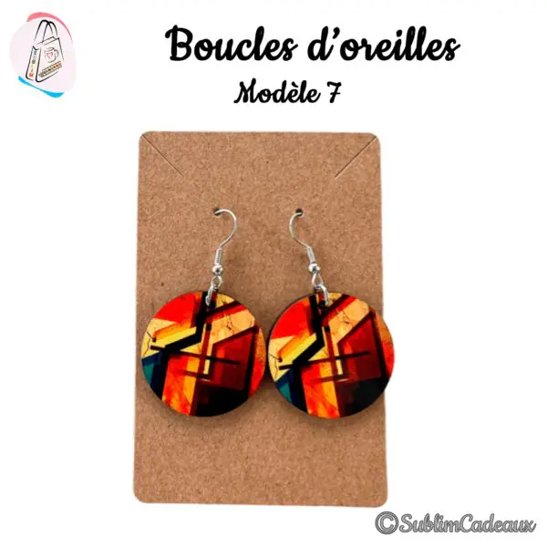 Boucles d'oreilles rondes, motif géométrique abstrait rouge, orange et noir imprimé, crochets argentés