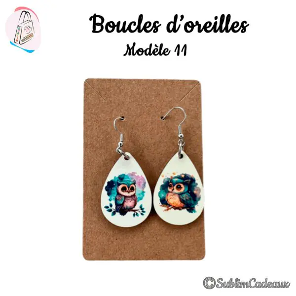 Boucles d'oreilles goutte, hibou aquarelle aux tons bleus et violets posé sur une branche, imprimé