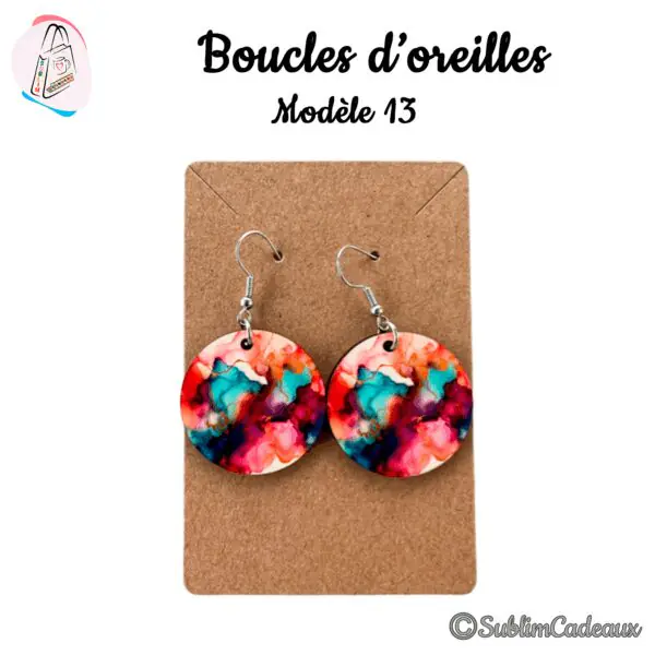 Boucles d'oreilles rondes, motif marbré à l'encre turquoise, rose et violet imprimé, crochets argentés