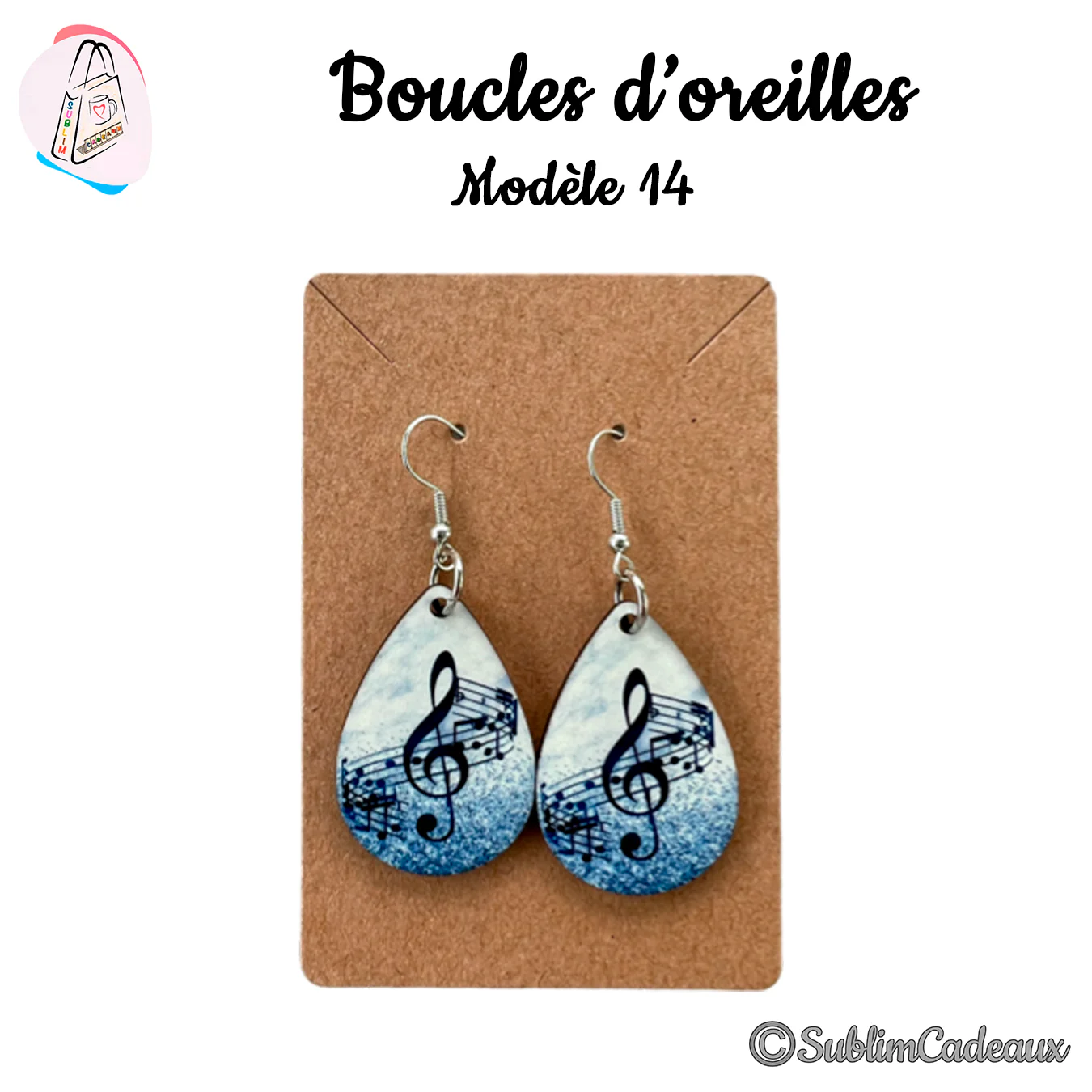 Boucles d'oreilles goutte, clé de sol et notes de musique imprimées sur fond bleu et blanc pailleté