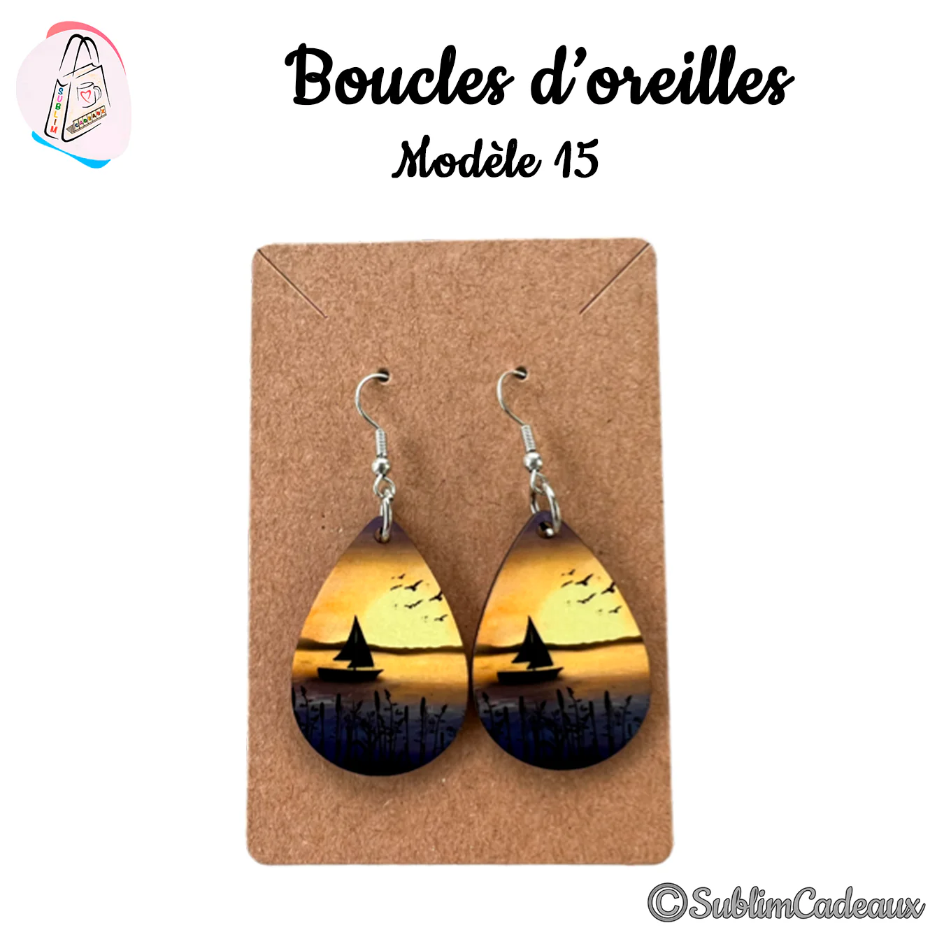 Boucles d'oreilles goutte, coucher de soleil orangé avec voilier et oiseaux en silhouette imprimé