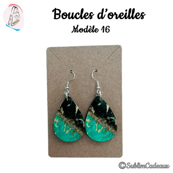 Boucles d'oreilles goutte, motif marbré vert émeraude et noir rehaussé de paillettes dorées imprimé