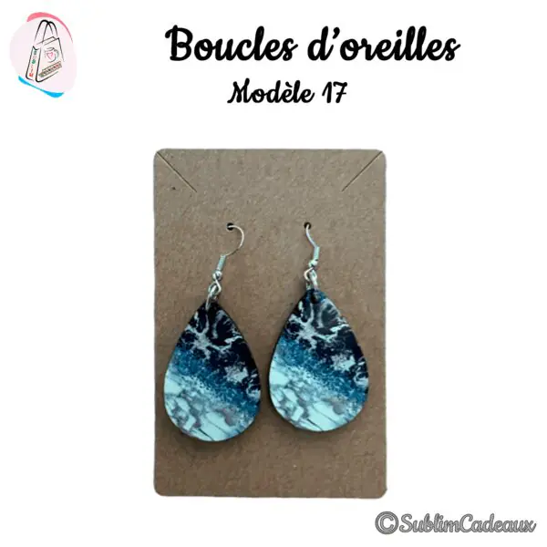 Boucles d'oreilles en goutte imprimées d'un motif de vagues océaniques bleu marine et turquoise