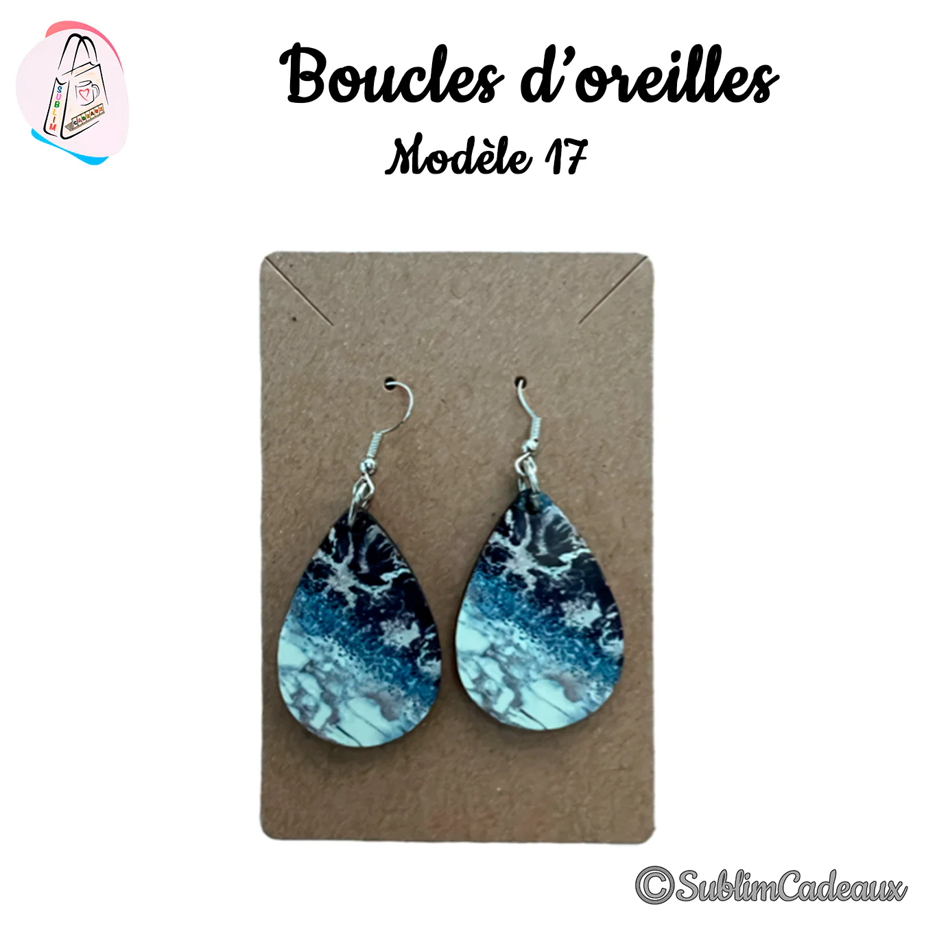 Boucles d'oreilles en goutte imprimées d'un motif de vagues océaniques bleu marine et turquoise