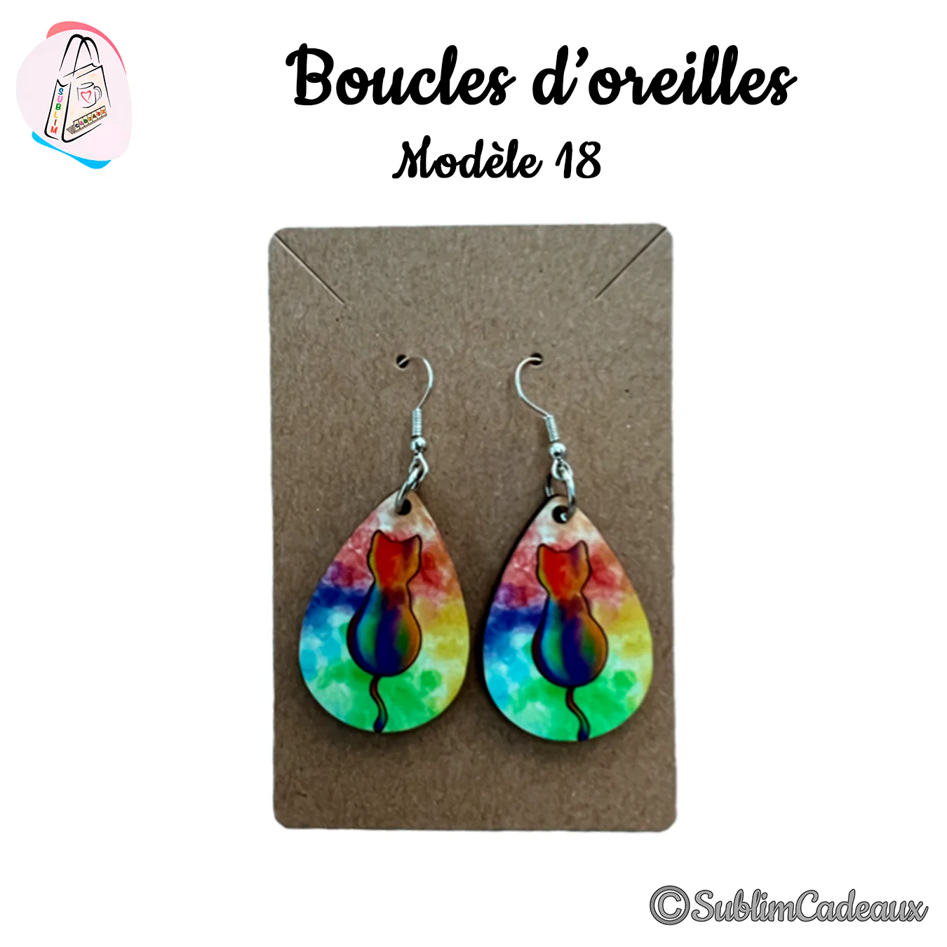 Boucles d'oreilles en goutte imprimées d'une silhouette de chat de dos sur fond arc-en-ciel