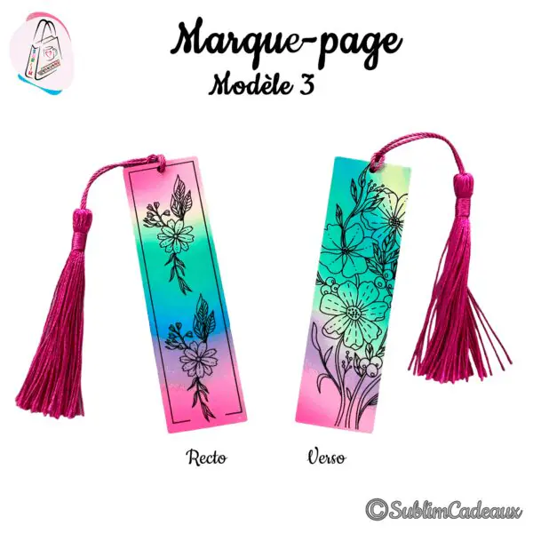 Marque-page imprimé recto verso de fleurs au trait noir sur un dégradé arc-en-ciel, pompon fuchsia