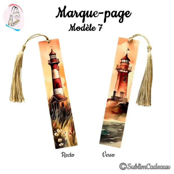 Marque-page imprimé recto verso d'un phare rayé rouge et blanc en bord de mer, aquarelle, pompon doré