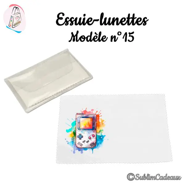 Essuie-lunettes blanc imprimé d'une console Game Boy aux couleurs aquarelle, avec sa pochette transparente