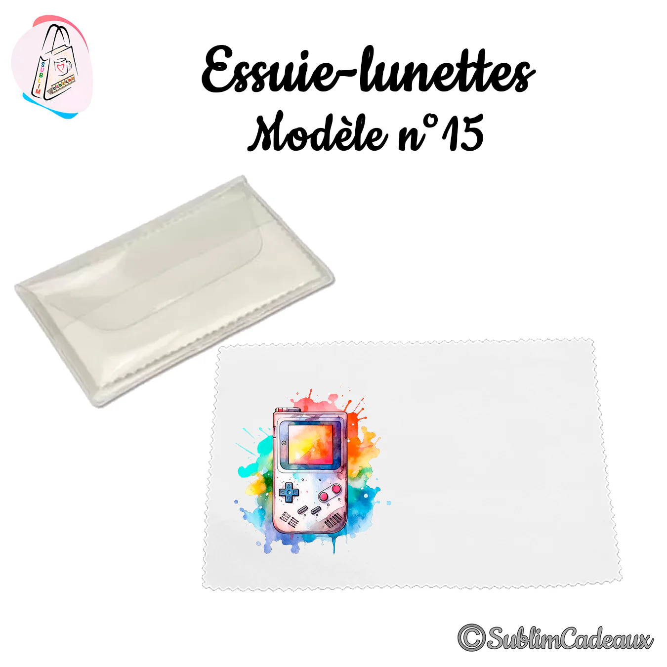 Essuie-lunettes blanc imprimé d'une console Game Boy aux couleurs aquarelle, avec sa pochette transparente