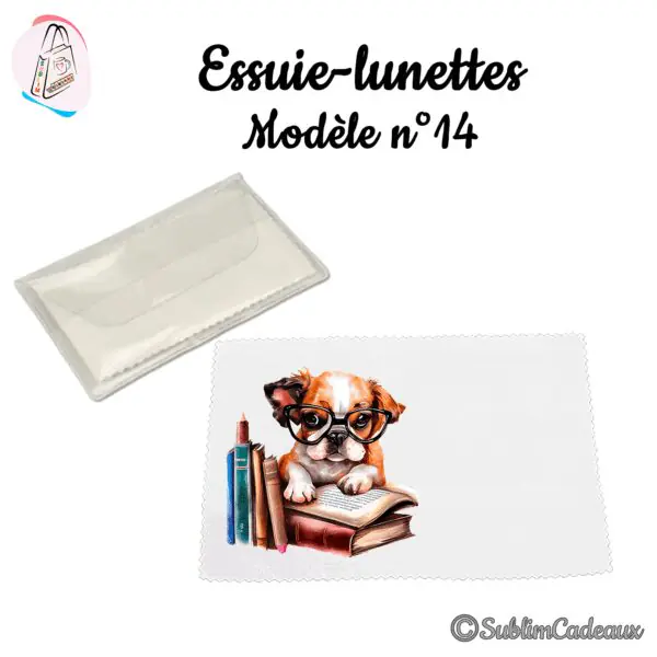 Essuie-lunettes blanc imprimé d'un bouledogue à lunettes posé sur des livres, aquarelle, avec pochette