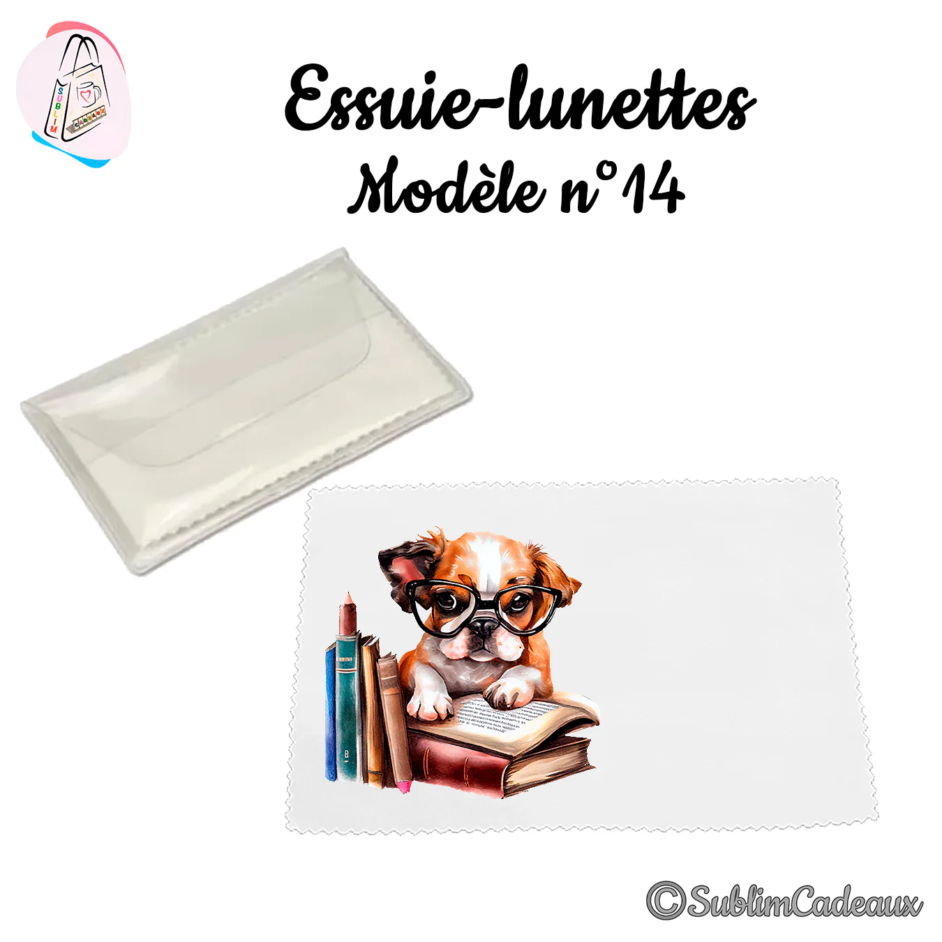 Essuie-lunettes blanc imprimé d'un bouledogue à lunettes posé sur des livres, aquarelle, avec pochette