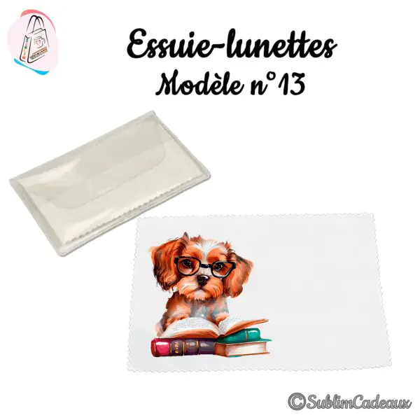 Essuie-lunettes blanc imprimé d'un chien roux à lunettes sur un livre ouvert, aquarelle, avec pochette
