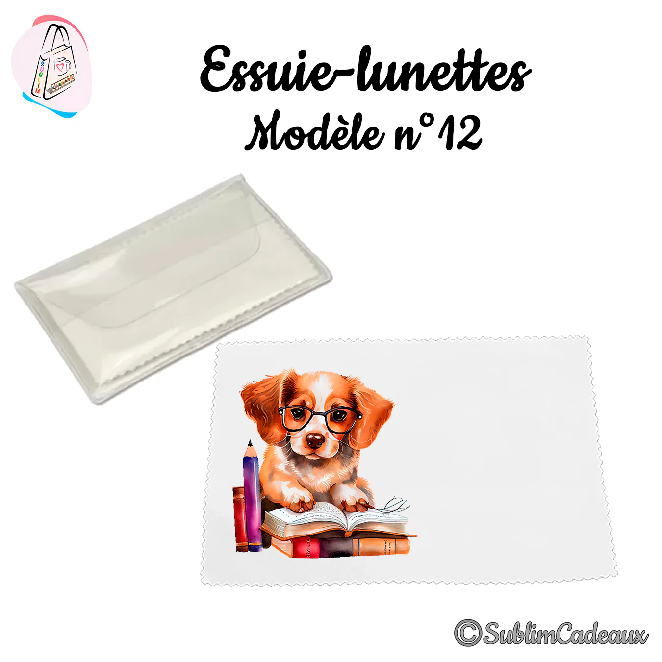 Essuie-lunettes blanc imprimé d'un chiot roux et blanc à lunettes penché sur un livre ouvert, avec pochette