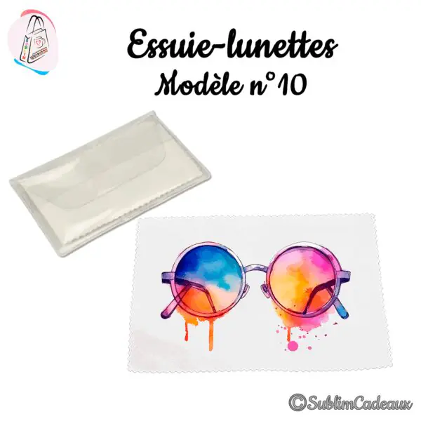 Essuie-lunettes blanc imprimé d'une paire de lunettes rondes aquarelle bleu, rose et orange, avec pochette