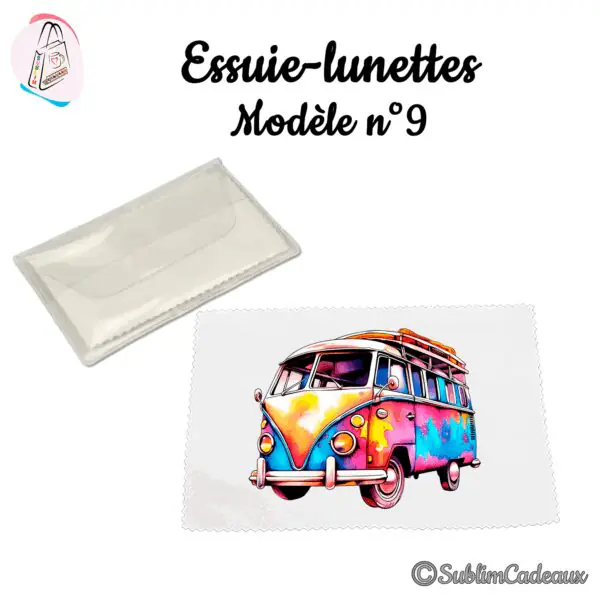 Essuie-lunettes blanc imprimé d'un van combi vintage aux couleurs aquarelle vives, avec sa pochette