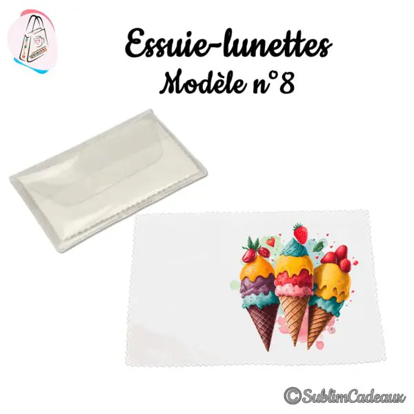 Essuie-lunettes blanc imprimé de trois cornets de glace colorés et de fraises, aquarelle, avec pochette