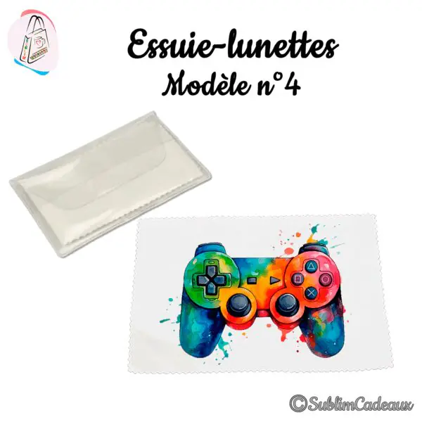Chiffon essuie-lunettes imprimé d'une manette de jeu vidéo aux couleurs vives façon aquarelle, avec son étui