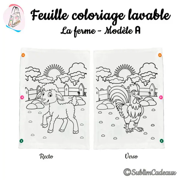 Feuille de coloriage lavable en tissu, contours imprimés d'un agneau au recto et d'un coq au verso, décor de ferme