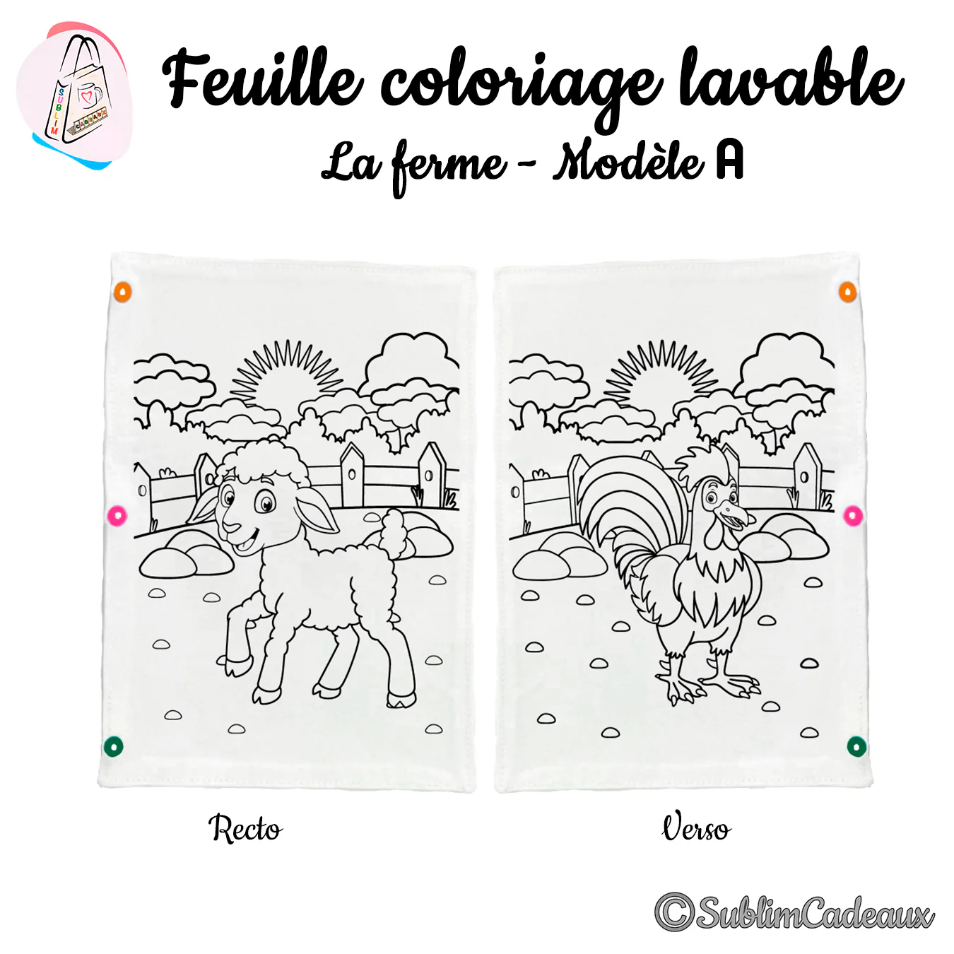 Feuille de coloriage lavable en tissu, contours imprimés d'un agneau au recto et d'un coq au verso, décor de ferme