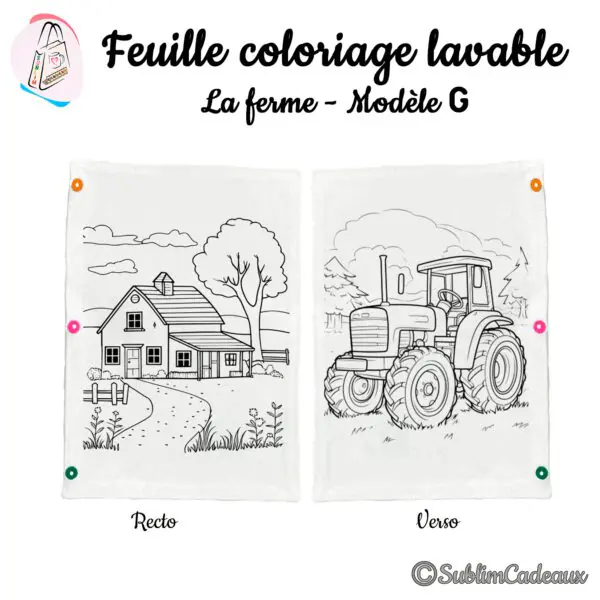 Tissu de coloriage lavable aux dessins imprimés, une ferme et son arbre au recto, un tracteur au verso à colorier