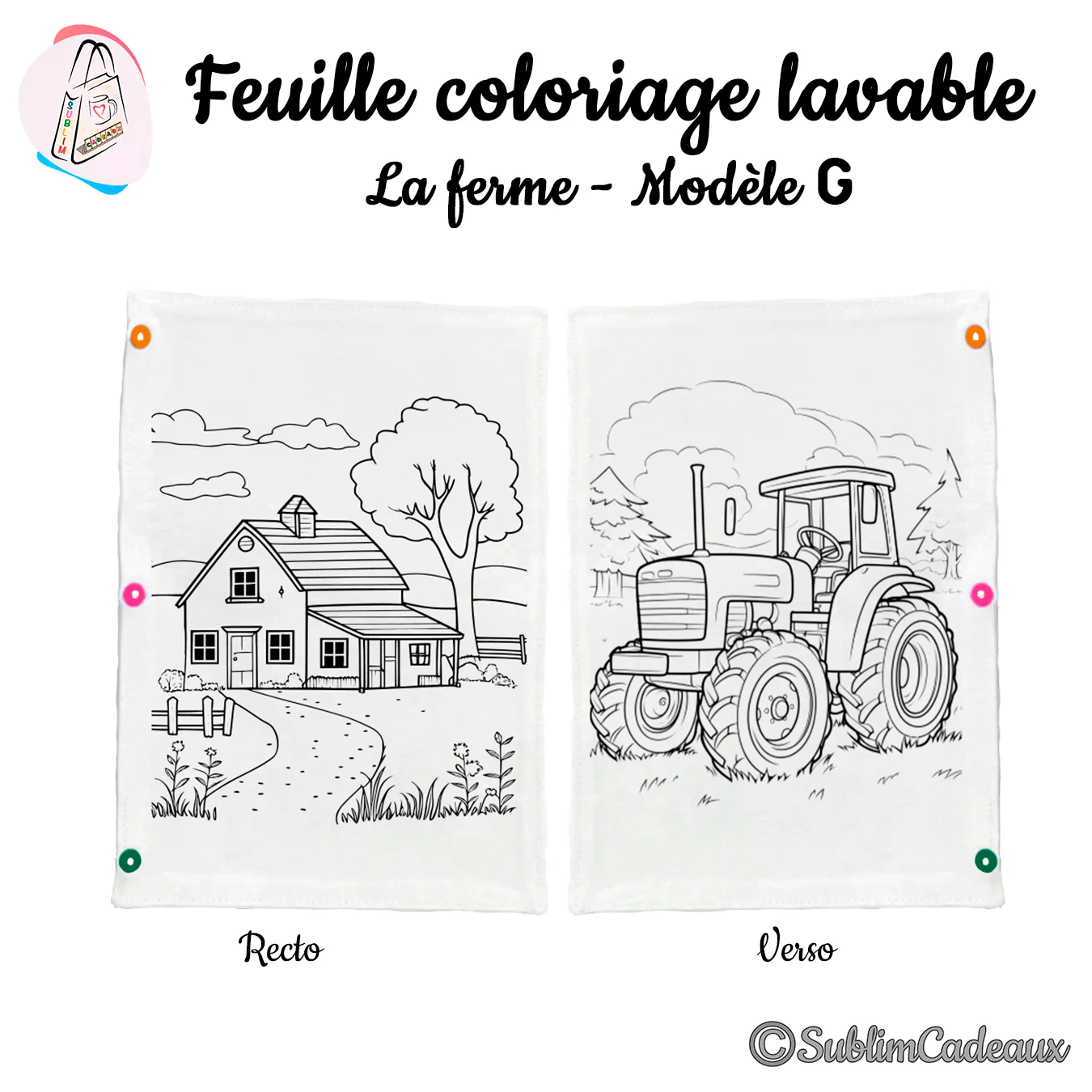 Tissu de coloriage lavable aux dessins imprimés, une ferme et son arbre au recto, un tracteur au verso à colorier