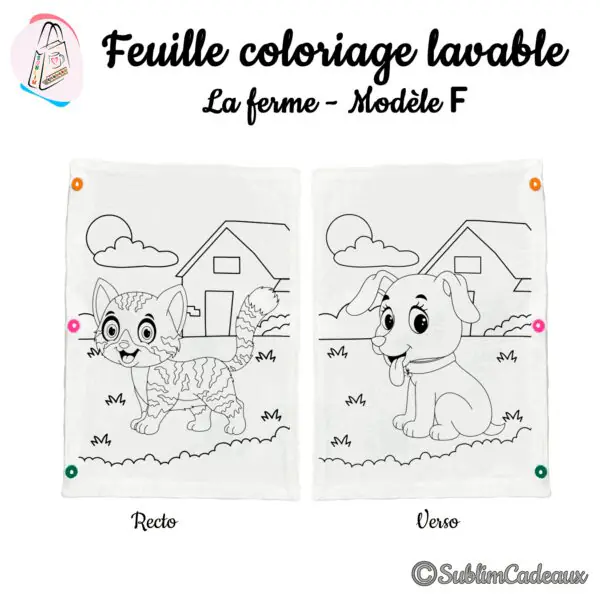 Feuille de coloriage lavable en tissu, contours imprimés d'un chaton au recto et d'un chiot au verso devant une maison