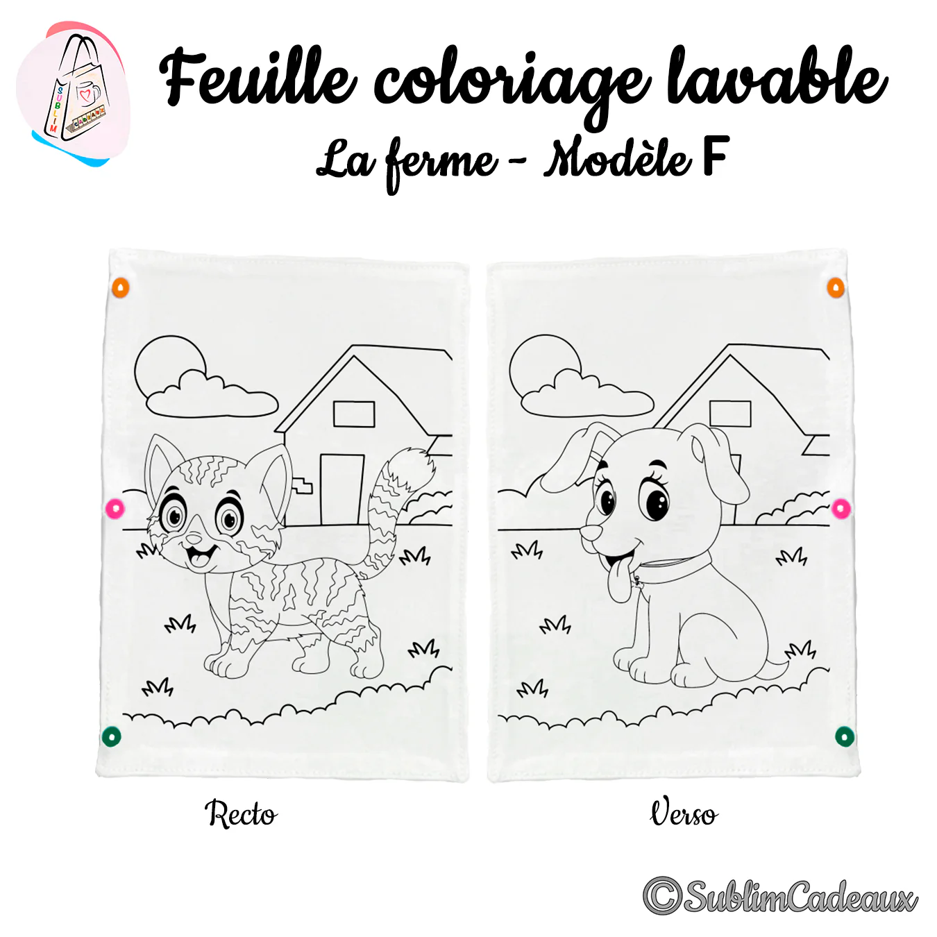 Feuille de coloriage lavable en tissu, contours imprimés d'un chaton au recto et d'un chiot au verso devant une maison