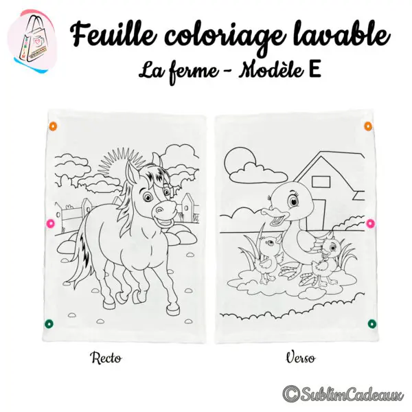 Coloriage lavable sur tissu, dessin imprimé d'un cheval au recto, d'une cane et ses canetons au verso, ambiance ferme