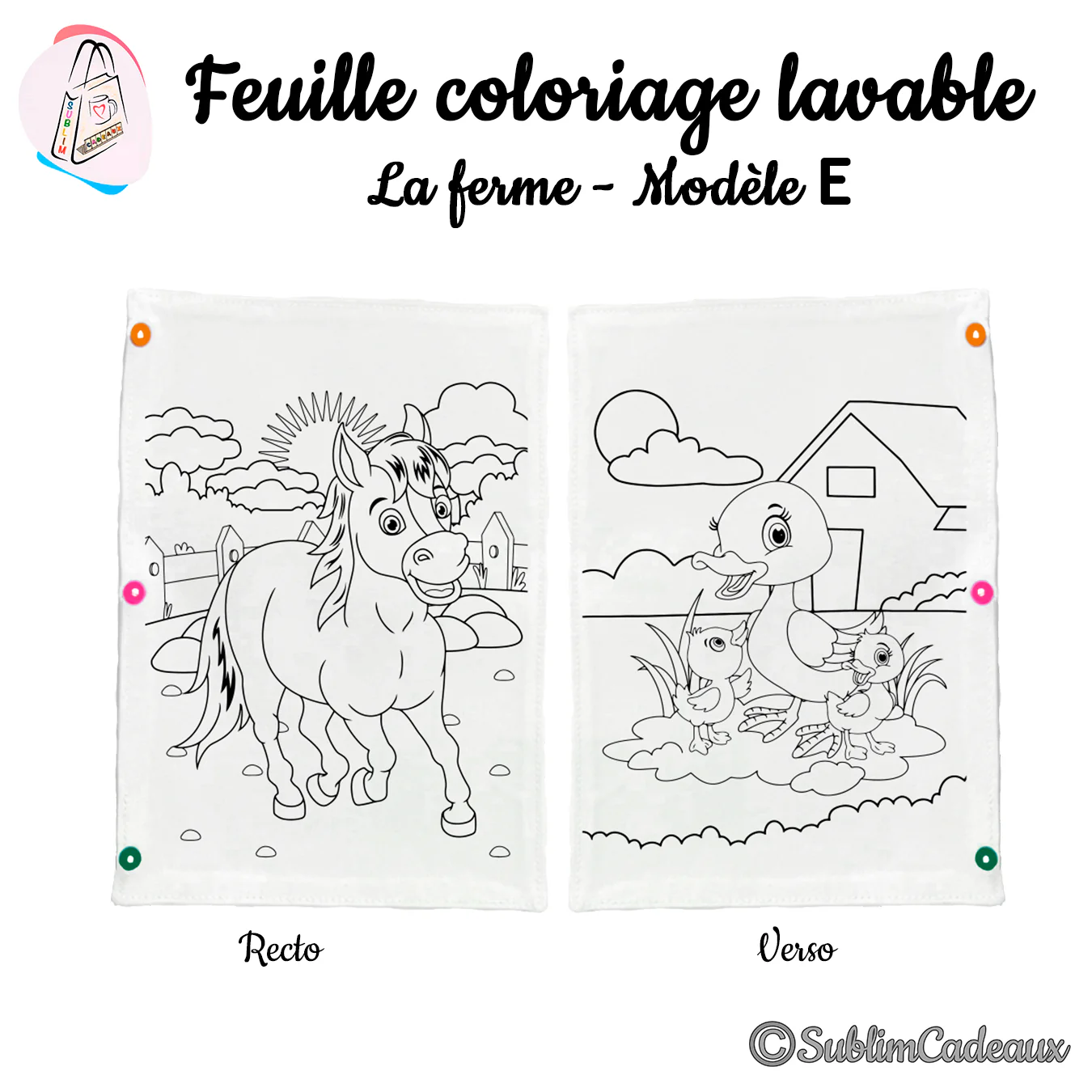 Coloriage lavable sur tissu, dessin imprimé d'un cheval au recto, d'une cane et ses canetons au verso, ambiance ferme