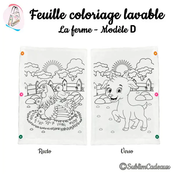 Feuille de coloriage lavable en tissu, une poule et ses poussins imprimés au recto, un chevreau au verso à colorier