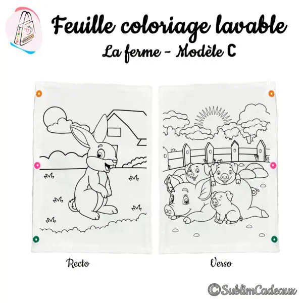 Tissu à colorier lavable, contours imprimés d'un lapin au recto et d'une famille de cochons au verso, thème ferme
