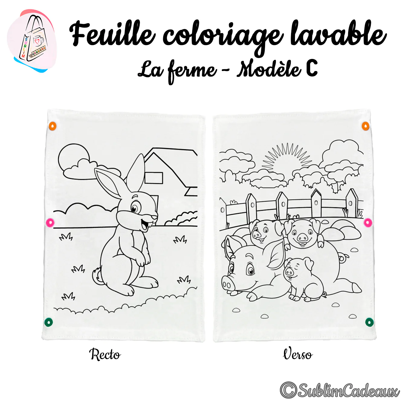 Tissu à colorier lavable, contours imprimés d'un lapin au recto et d'une famille de cochons au verso, thème ferme