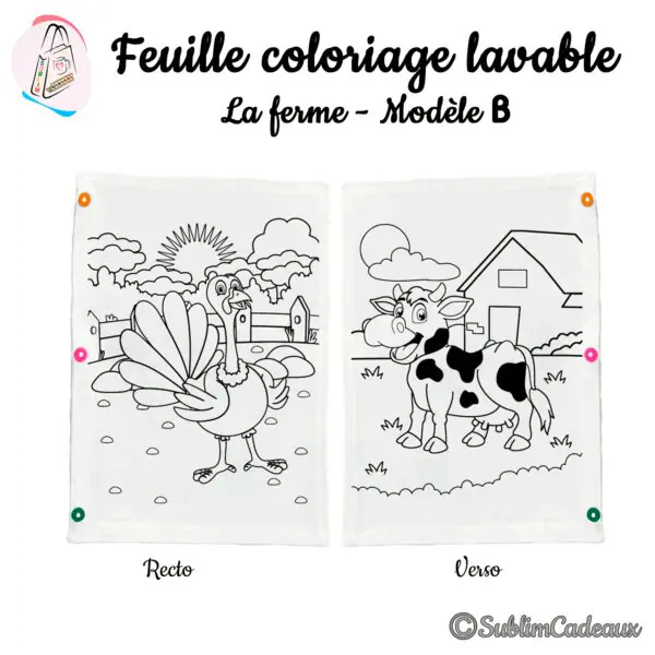 Feuille de coloriage lavable en tissu, un dindon imprimé au recto et une vache tachetée au verso, décor de ferme