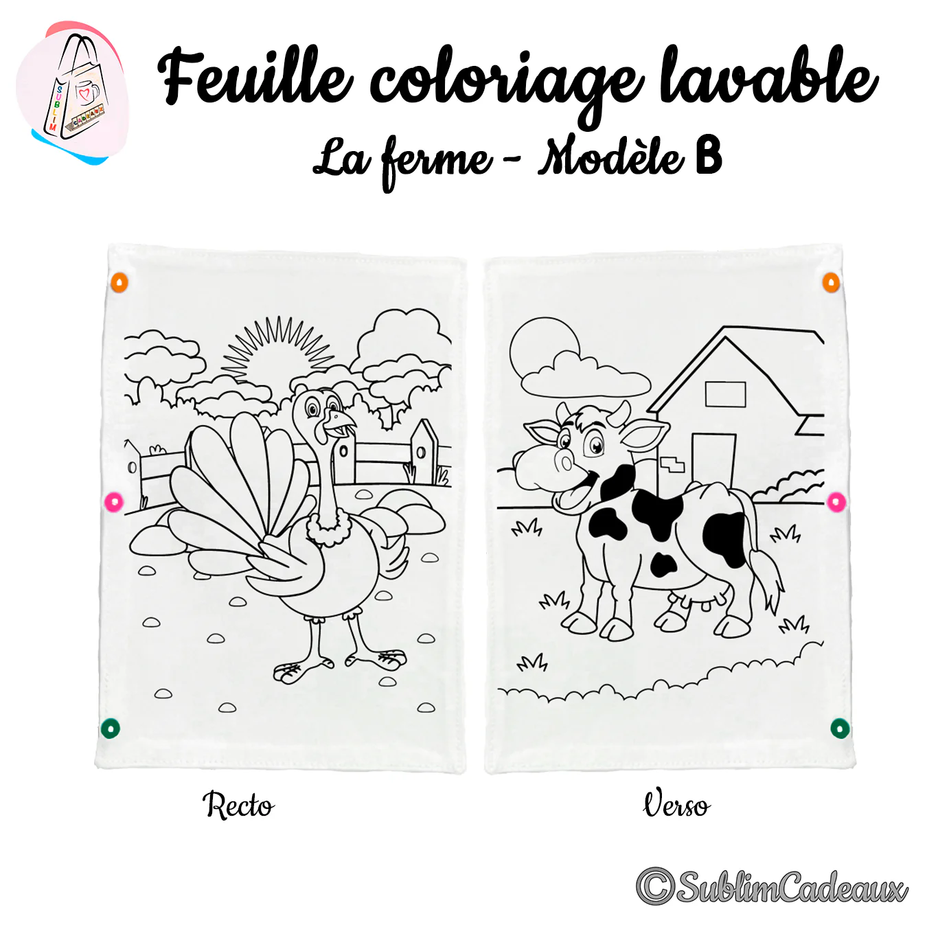 Feuille de coloriage lavable en tissu, un dindon imprimé au recto et une vache tachetée au verso, décor de ferme