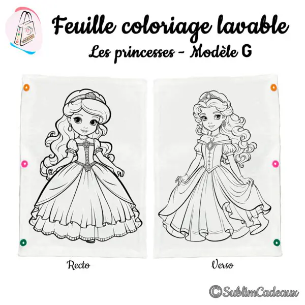Feuille de coloriage lavable en tissu, deux princesses en robe de bal et diadème imprimées au recto et au verso