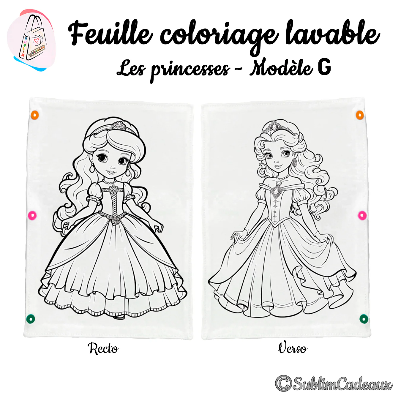 Feuille de coloriage lavable en tissu, deux princesses en robe de bal et diadème imprimées au recto et au verso