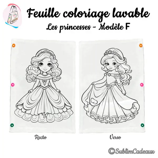 Tissu de coloriage lavable, contours imprimés de deux princesses en robe longue coiffées d'un diadème, recto et verso
