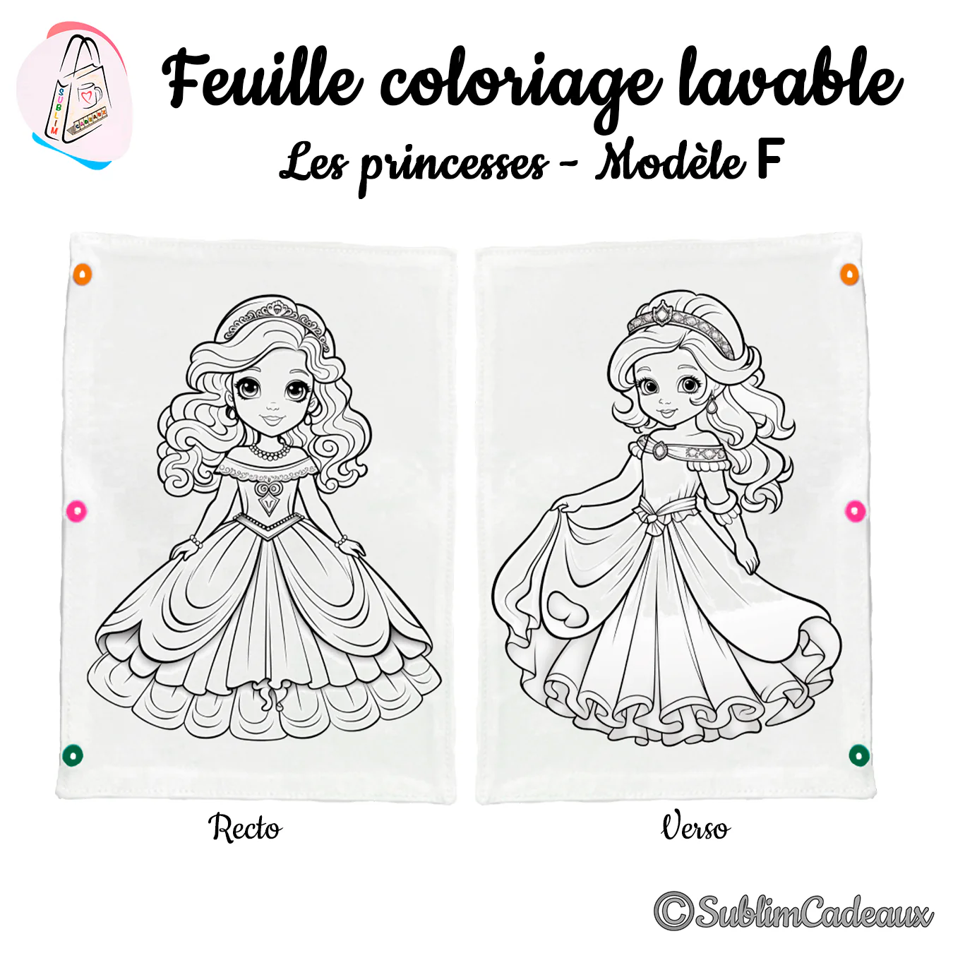 Tissu de coloriage lavable, contours imprimés de deux princesses en robe longue coiffées d'un diadème, recto et verso