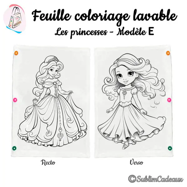 Coloriage lavable sur tissu, dessins imprimés de deux princesses en robe de bal, l'une tenant sa jupe, recto verso
