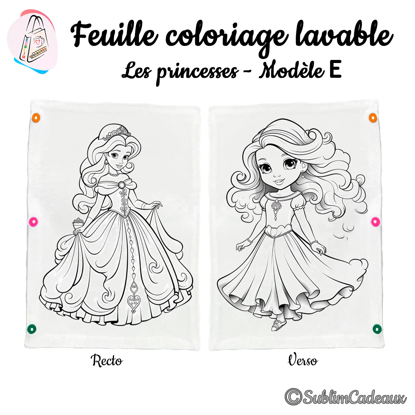 Coloriage lavable sur tissu, dessins imprimés de deux princesses en robe de bal, l'une tenant sa jupe, recto verso