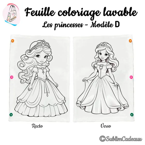 Feuille de coloriage lavable en tissu, princesse à pendentif cœur au recto et princesse coiffée d'une rose au verso