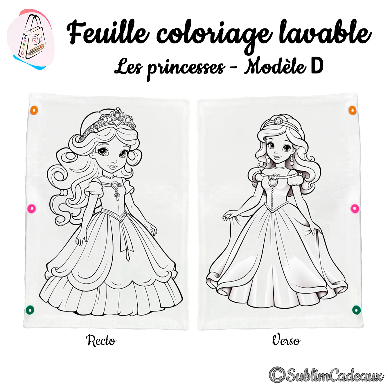 Feuille de coloriage lavable en tissu, princesse à pendentif cœur au recto et princesse coiffée d'une rose au verso