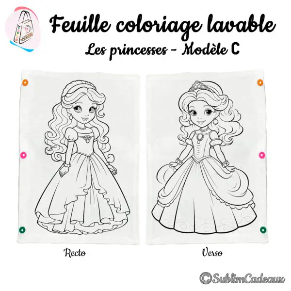 Tissu à colorier lavable, contours imprimés de deux jeunes princesses en robe longue, l'une portant un diadème, recto verso