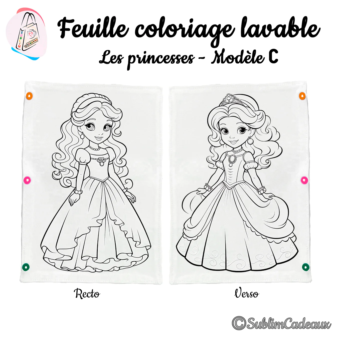 Tissu à colorier lavable, contours imprimés de deux jeunes princesses en robe longue, l'une portant un diadème, recto verso