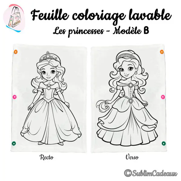 Coloriage lavable sur tissu, deux princesses en robe de bal imprimées, diadème au recto et serre-tête au verso