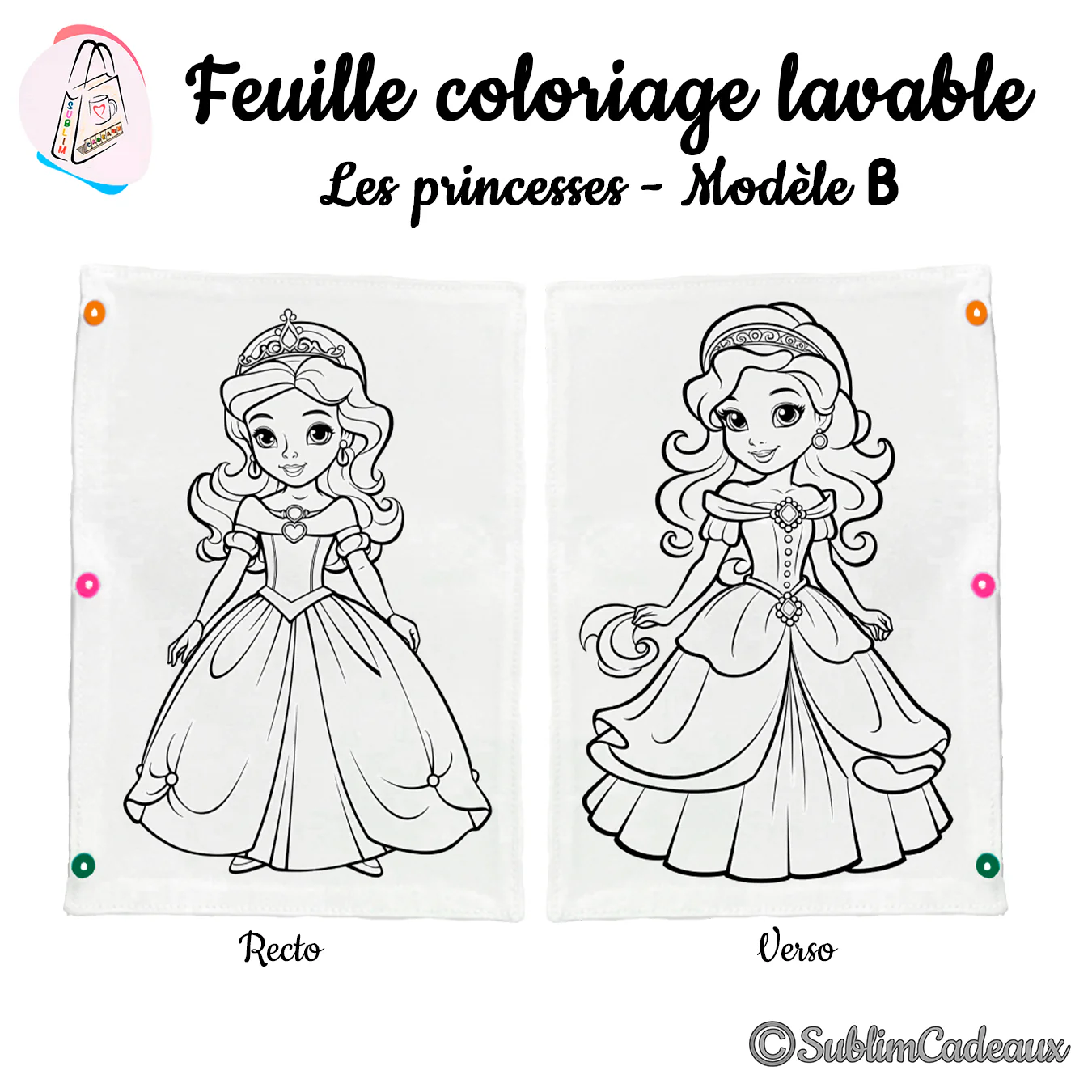 Coloriage lavable sur tissu, deux princesses en robe de bal imprimées, diadème au recto et serre-tête au verso