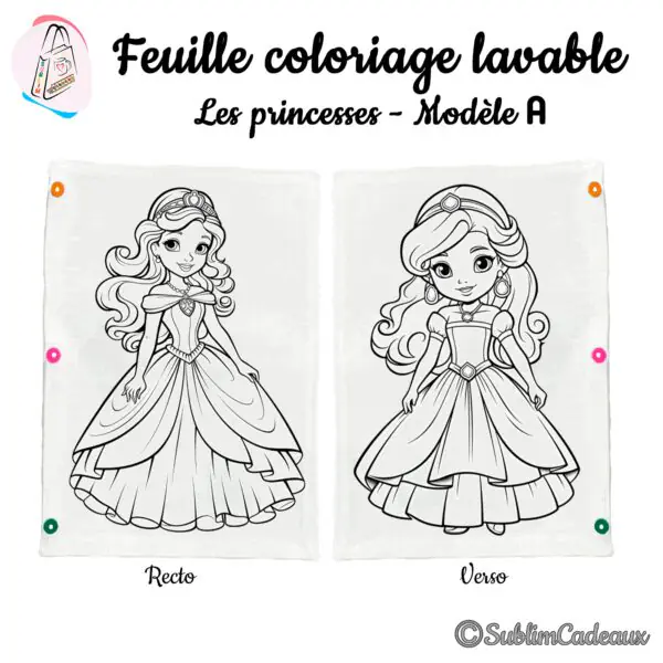 Feuille de coloriage lavable en tissu, deux petites princesses en robe longue coiffées d'un diadème, au recto et au verso