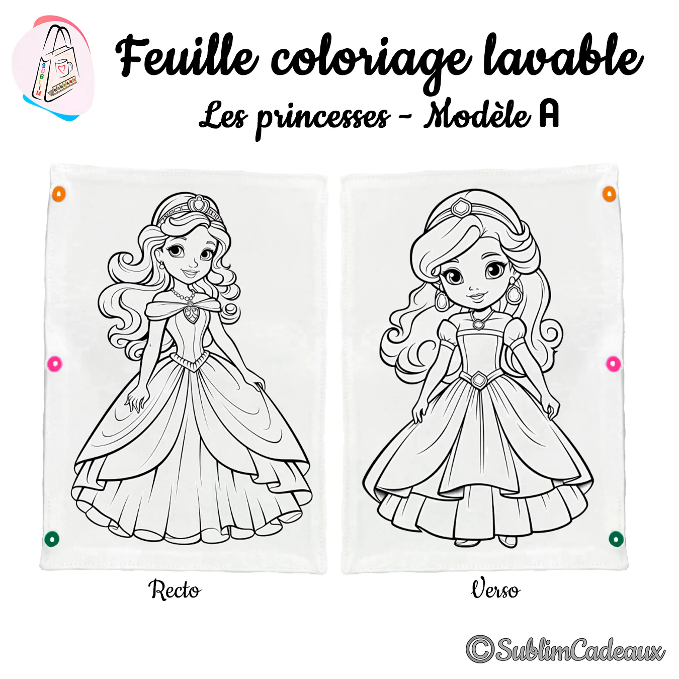 Feuille de coloriage lavable en tissu, deux petites princesses en robe longue coiffées d'un diadème, au recto et au verso